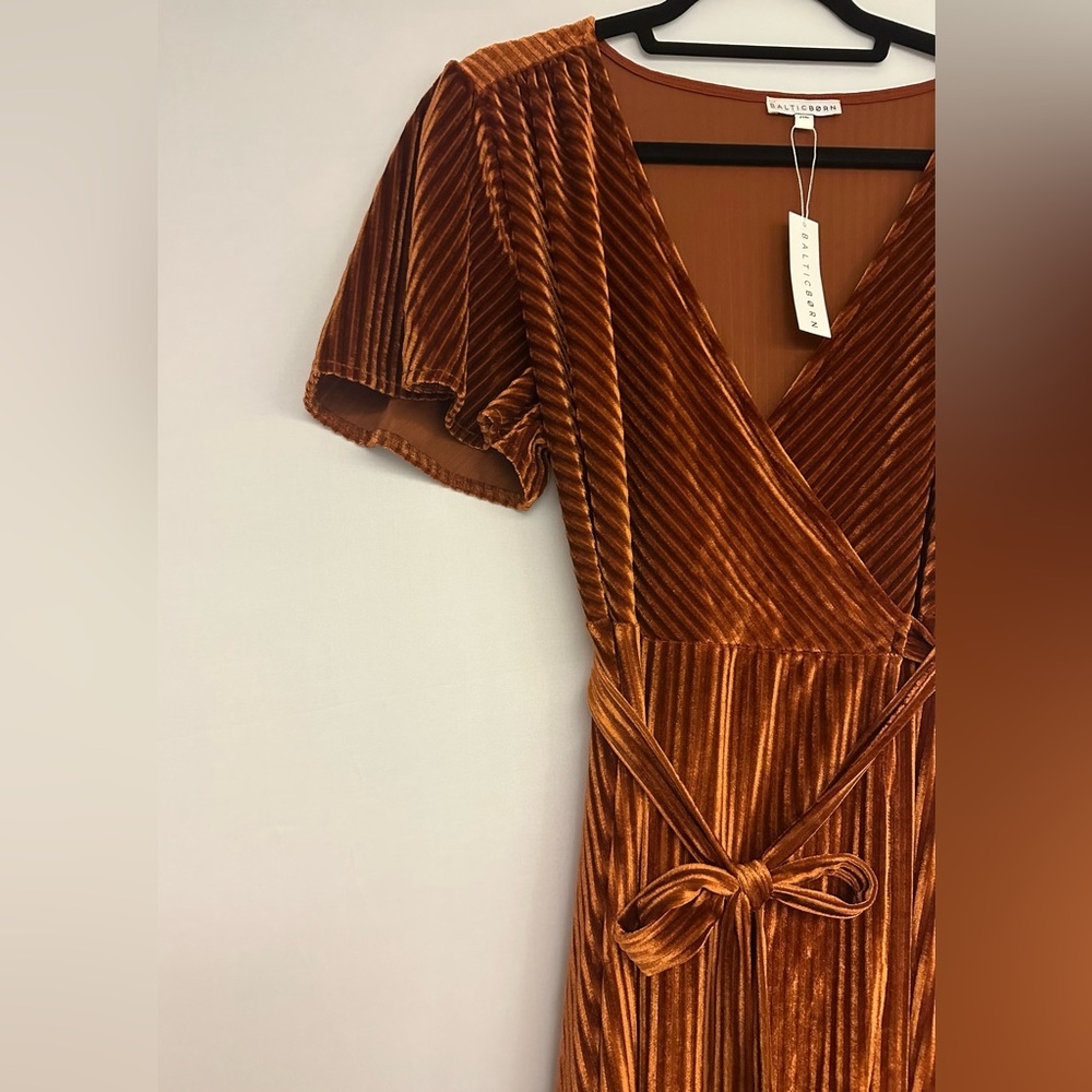Baltic Born Andi Ribbed Velvet Wrap Dress in Rust - Picture 3 of 6